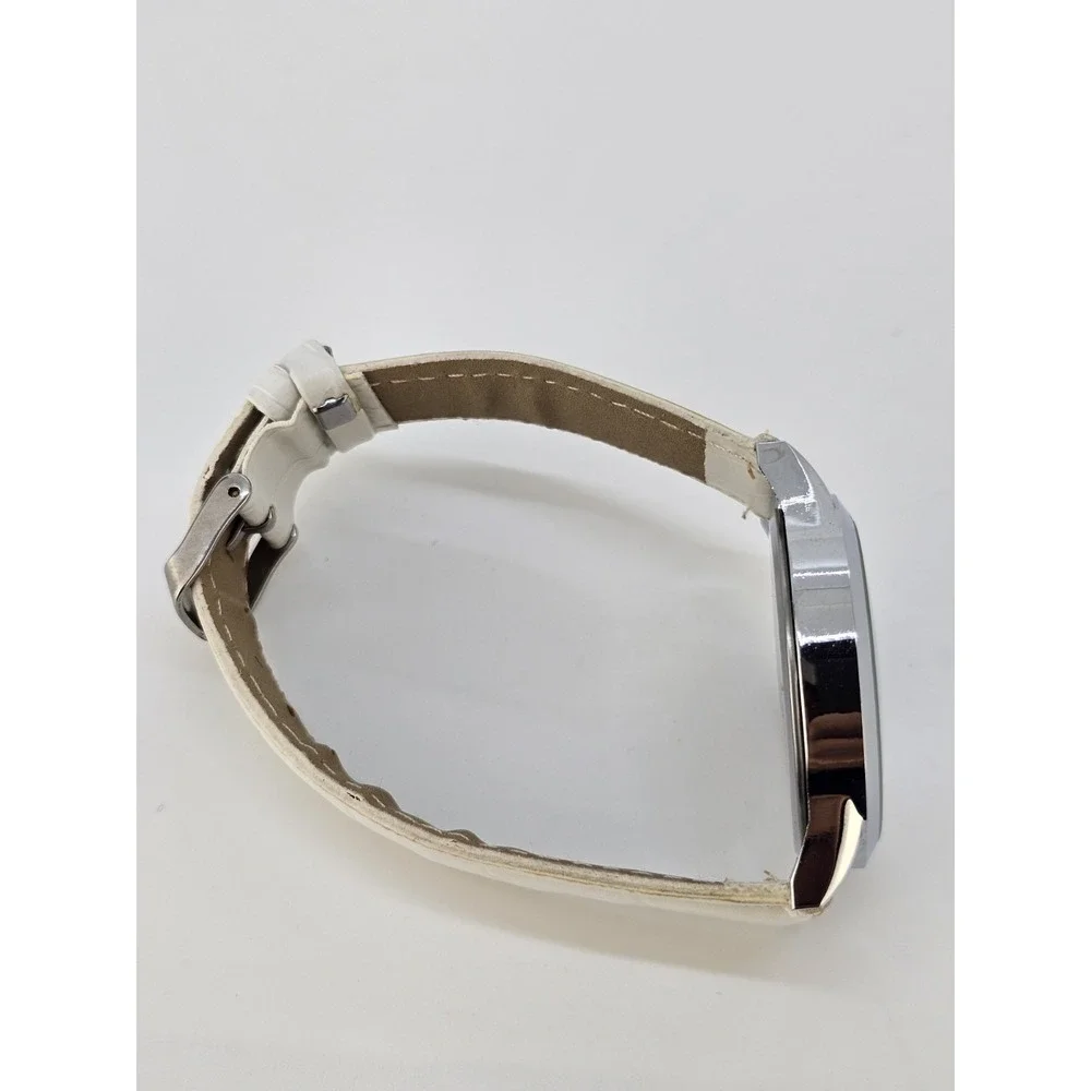 Unisex‎ Analog Watch 40MM White Dial White Faux Leather Bands New Battery